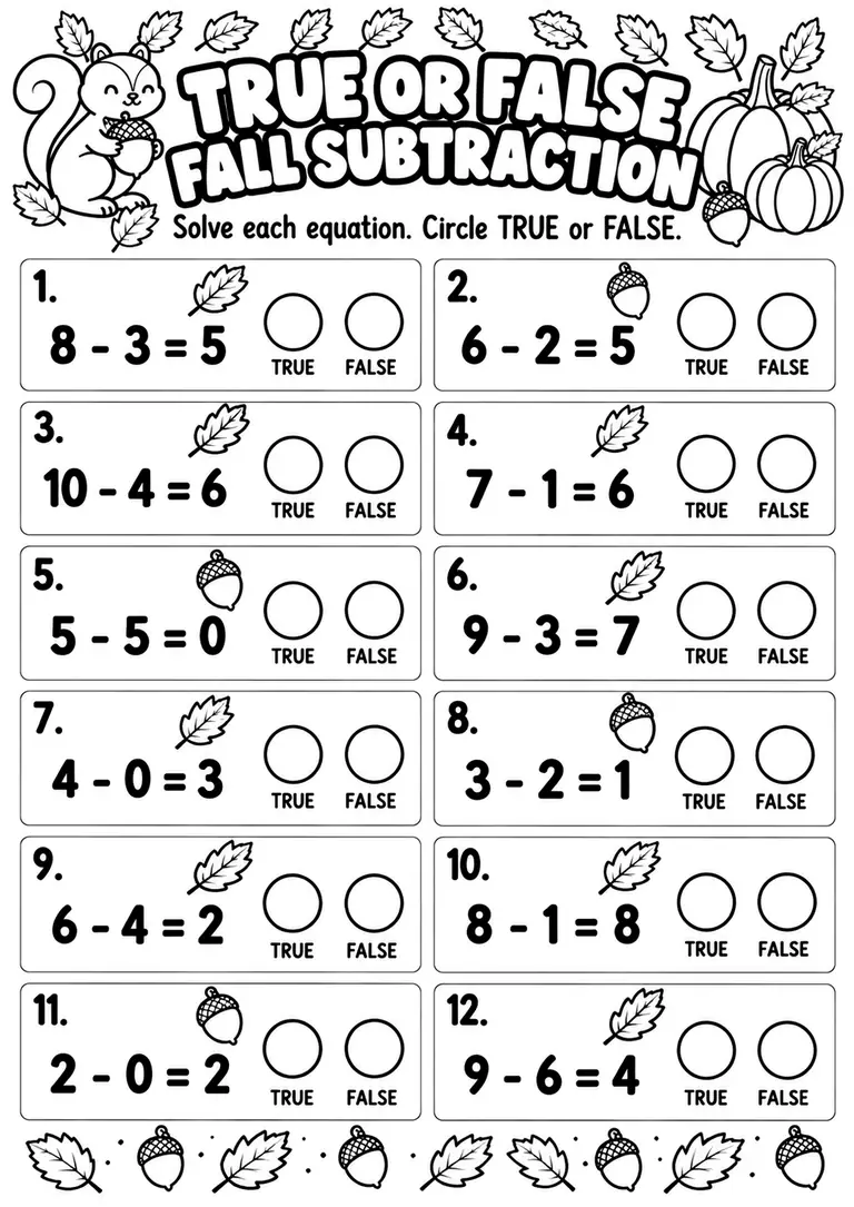 True or False Fall Subtraction for Kindergarten, 1st Grade