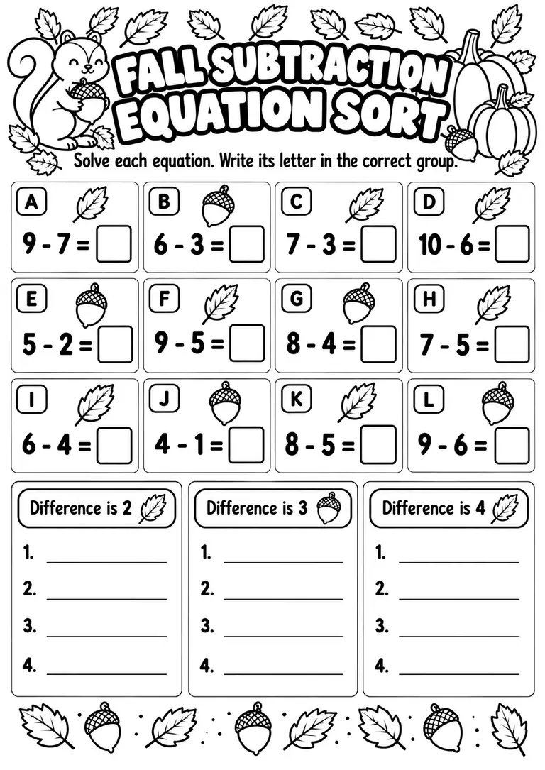 Fall Subtraction Equation Sort for Kindergarten, 1st Grade