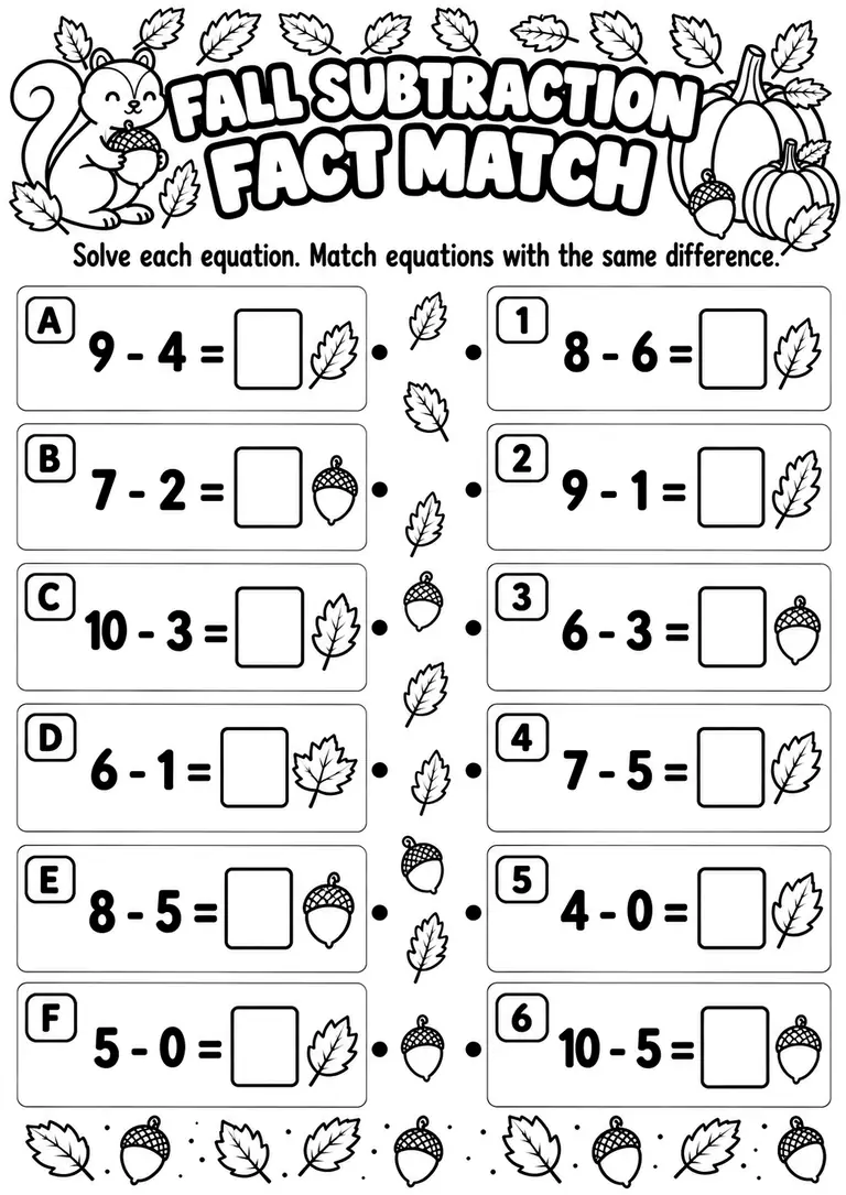 Fall Subtraction Fact Match for Kindergarten, 1st Grade