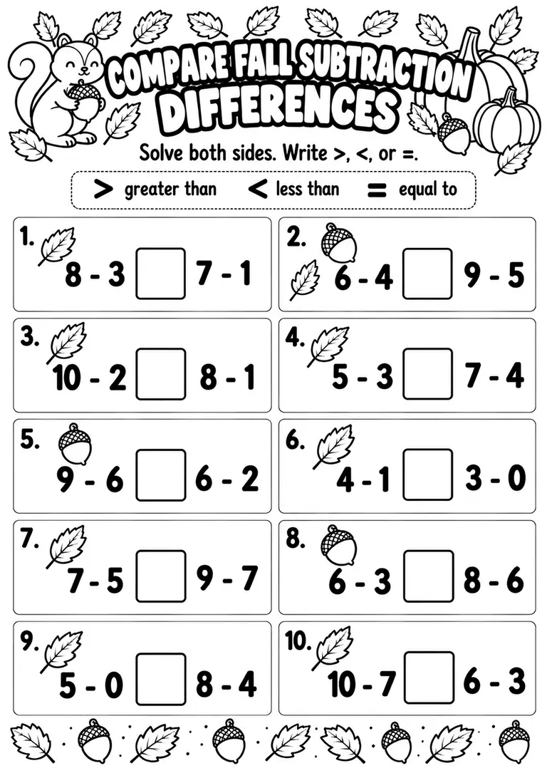 Compare Fall Subtraction Differences for Kindergarten, 1st Grade