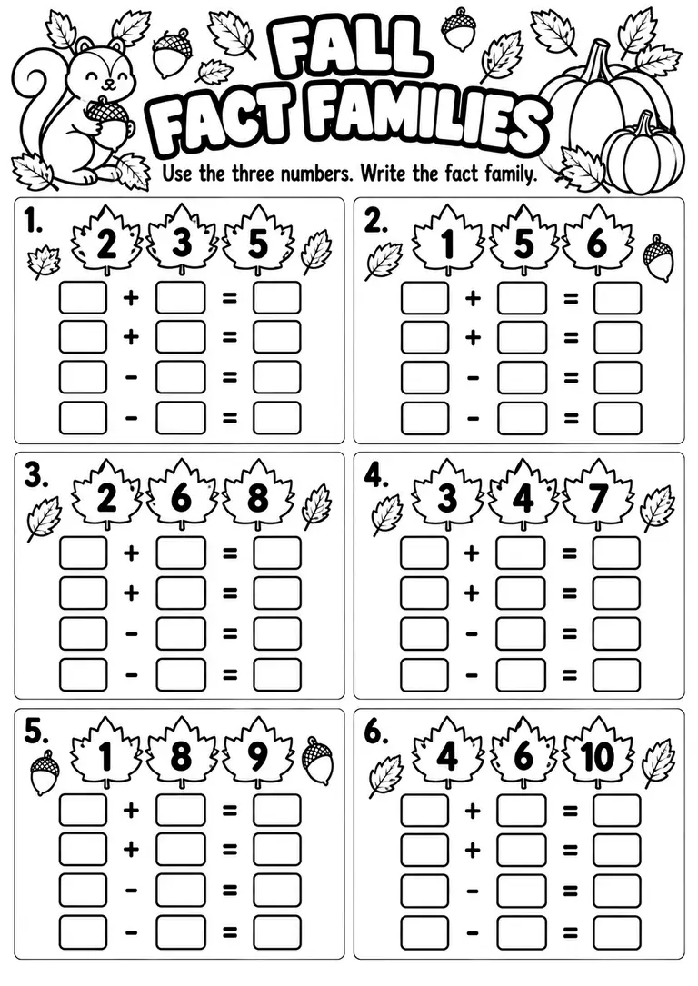 Fall Addition and Subtraction Fact Families for Kindergarten, 1st Grade
