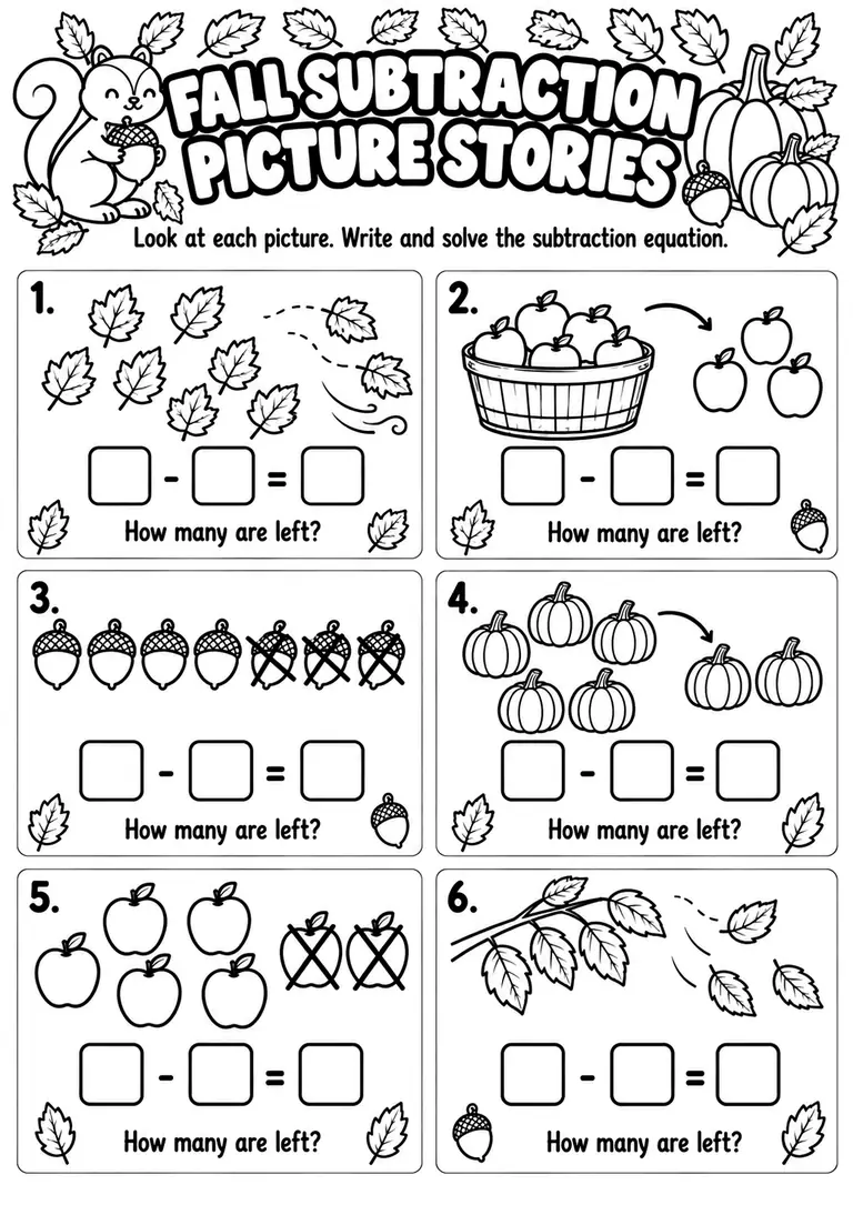 Fall Subtraction Picture Stories for Kindergarten, 1st Grade