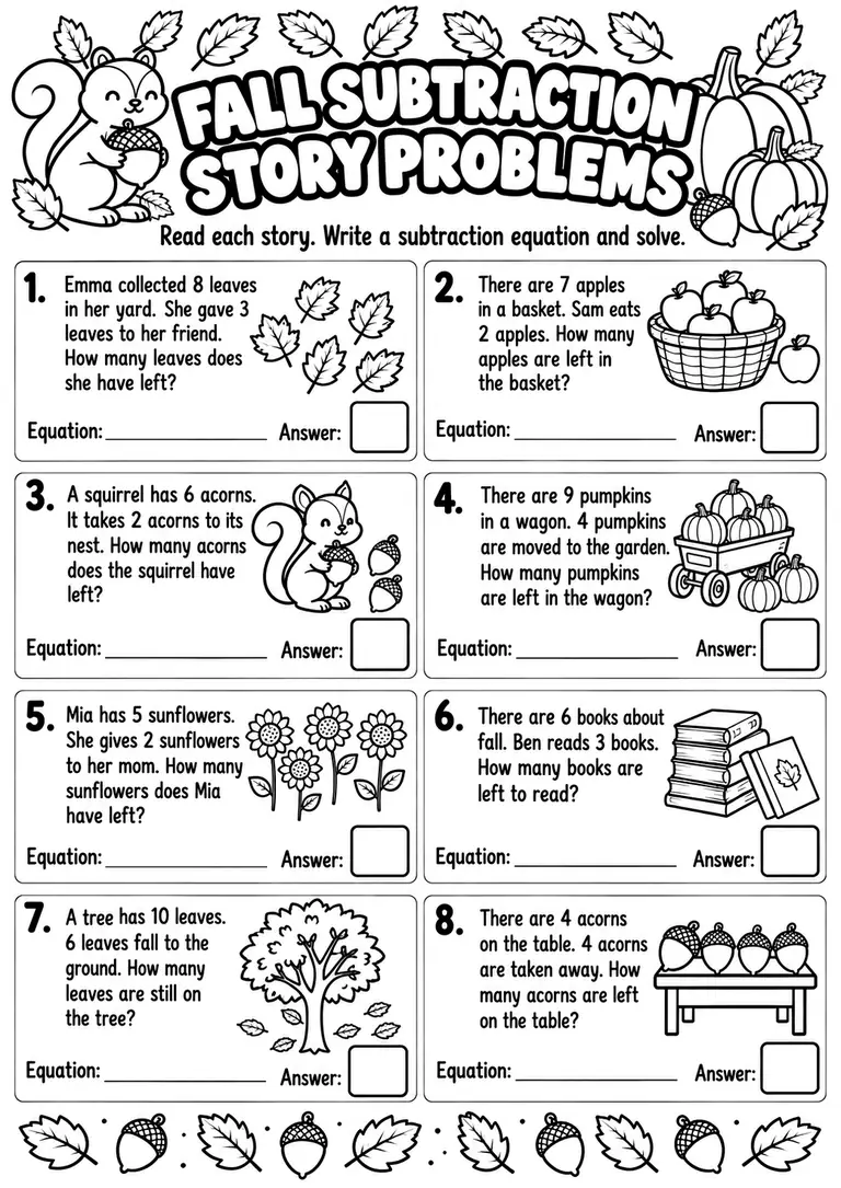Fall Subtraction Story Problems for Kindergarten, 1st Grade