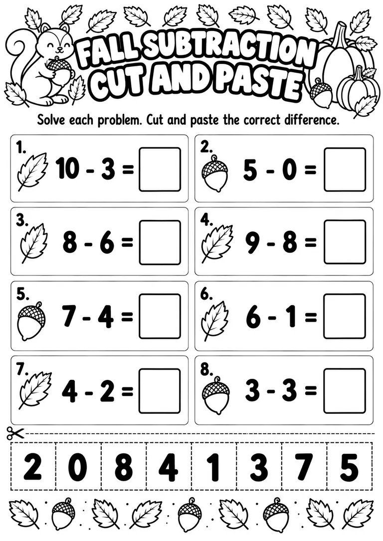 Fall Subtraction Cut and Paste for Kindergarten, 1st Grade