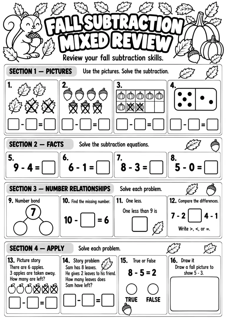 Fall Subtraction Mixed Review for Kindergarten, 1st Grade