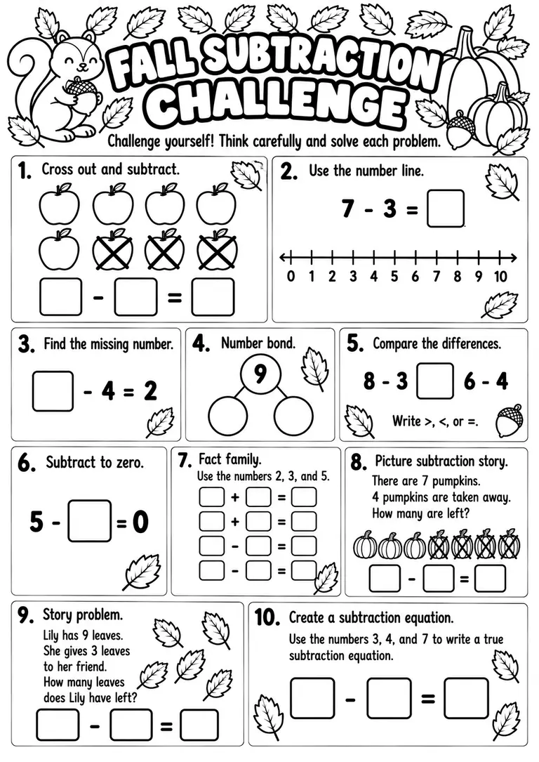 Fall Subtraction Challenge for Kindergarten, 1st Grade