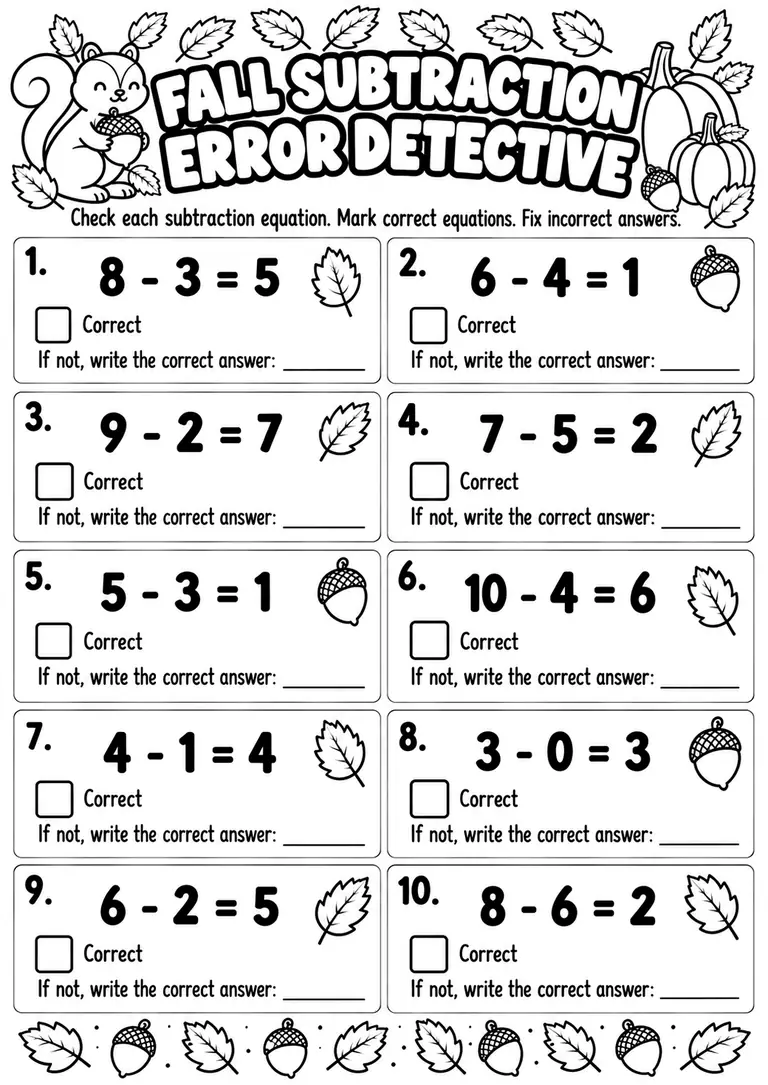Fall Subtraction Error Detective for Kindergarten, 1st Grade