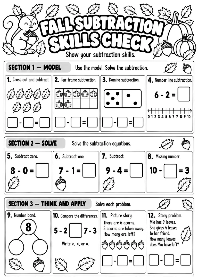 Fall Subtraction Skills Check for Kindergarten, 1st Grade