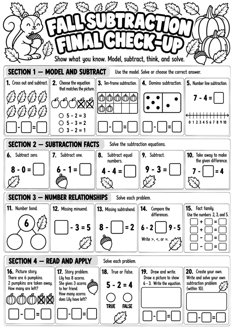 Fall Subtraction Final Check-Up for Kindergarten, 1st Grade