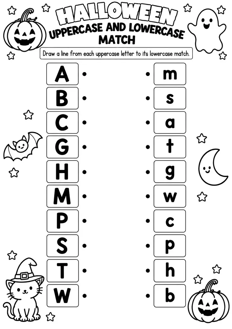 Halloween Uppercase and Lowercase Match WORKSHEET for Pre-K, Kindergarten