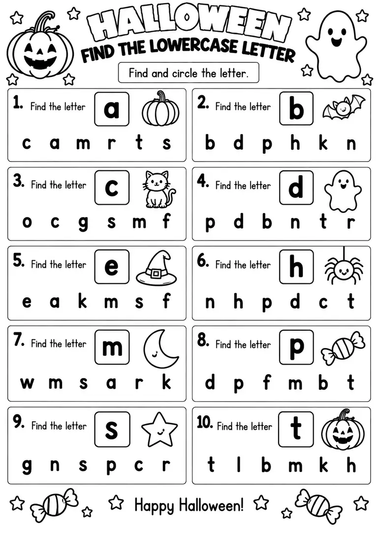 Halloween Find the Lowercase Letter for Pre-K, Kindergarten