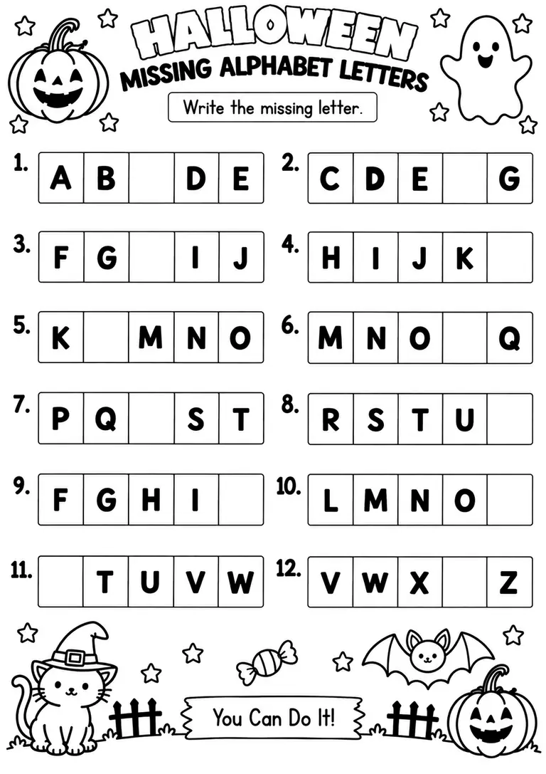 Halloween Missing Alphabet Letters for Pre-K, Kindergarten