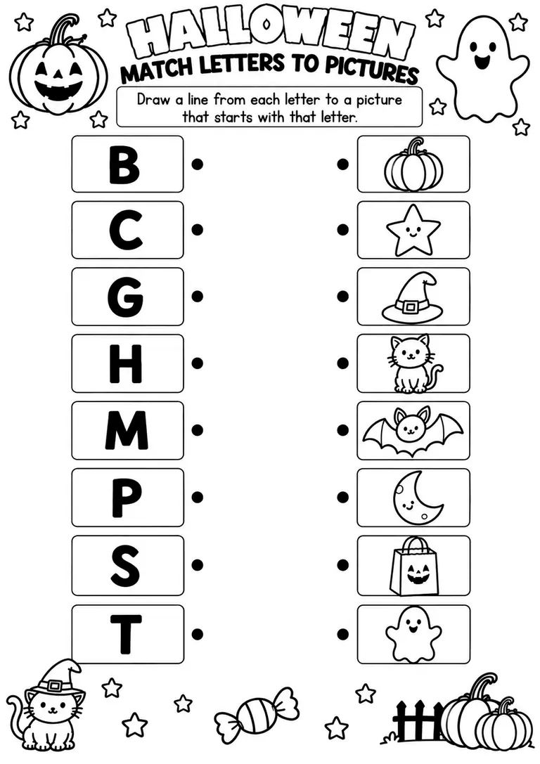 Halloween Match Letters to Pictures for Pre-K, Kindergarten