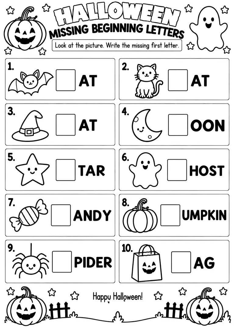 Halloween Missing Beginning Letters WORKSHEET for Pre-K, Kindergarten