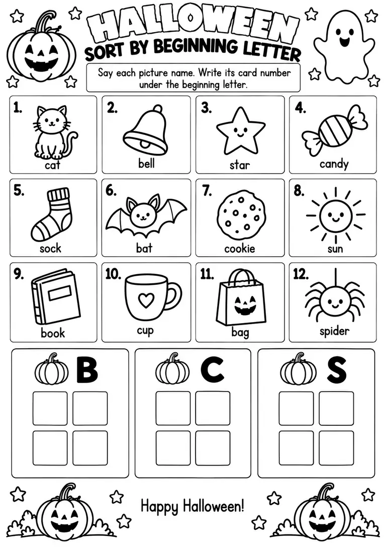 Halloween Sort by Beginning Letter for Pre-K, Kindergarten