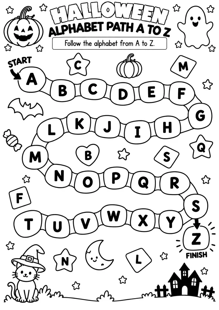 Halloween Alphabet Path A to Z for Pre-K, Kindergarten