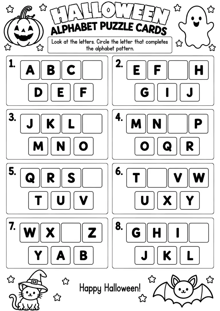 Halloween Alphabet Puzzle Cards for Pre-K, Kindergarten