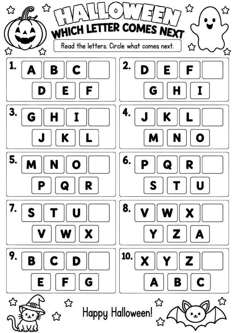 Halloween Which Letter Comes Next for Pre-K, Kindergarten