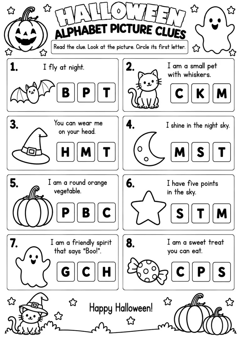 Halloween Alphabet Picture Clues for Pre-K, Kindergarten