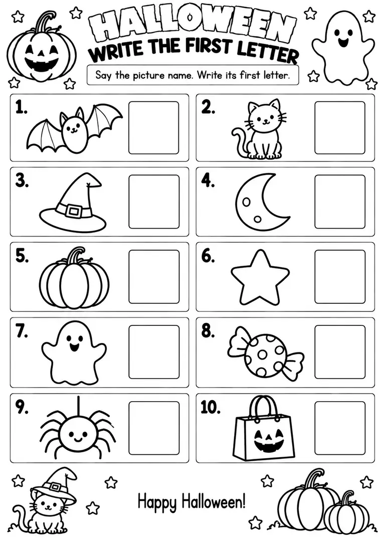 Halloween Write the First Letter for Pre-K, Kindergarten
