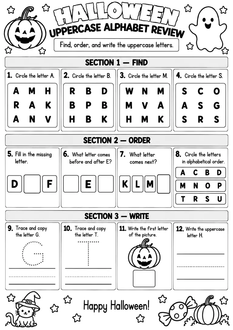 Halloween Uppercase Alphabet Review for Pre-K, Kindergarten