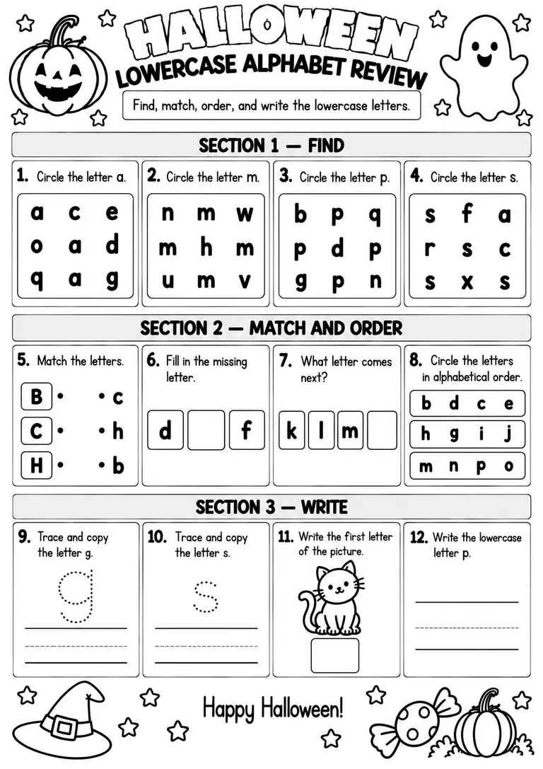 Halloween Lowercase Alphabet Review for Pre-K, Kindergarten