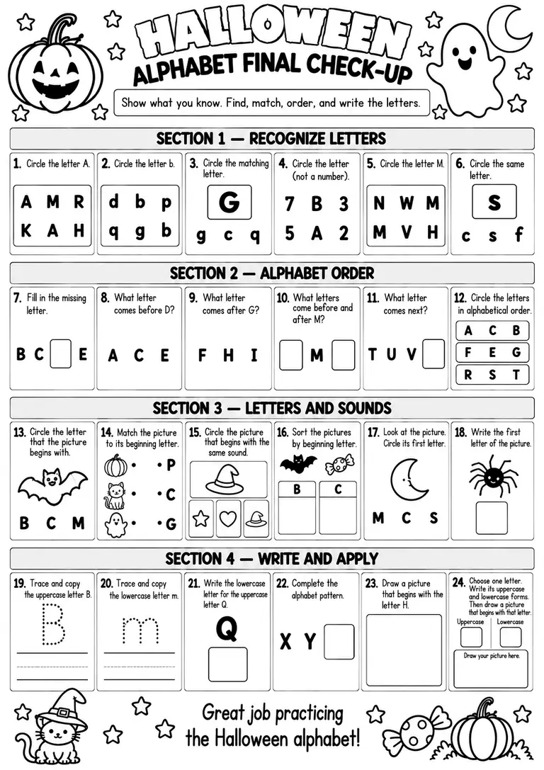 Halloween Alphabet Final Check-Up for Pre-K, Kindergarten