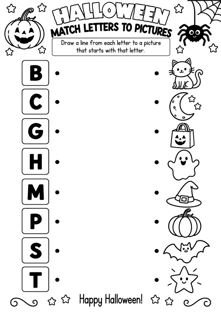 Halloween Match Letters to Pictures WORKSHEET for Pre-K, Kindergarten, 1st Grade