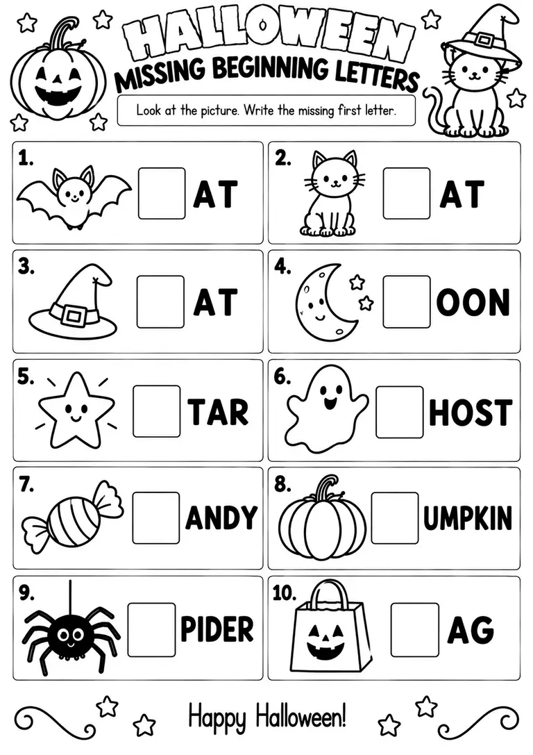 Halloween Missing Beginning Letters PRINTABLE for Pre-K, Kindergarten, 1st Grade