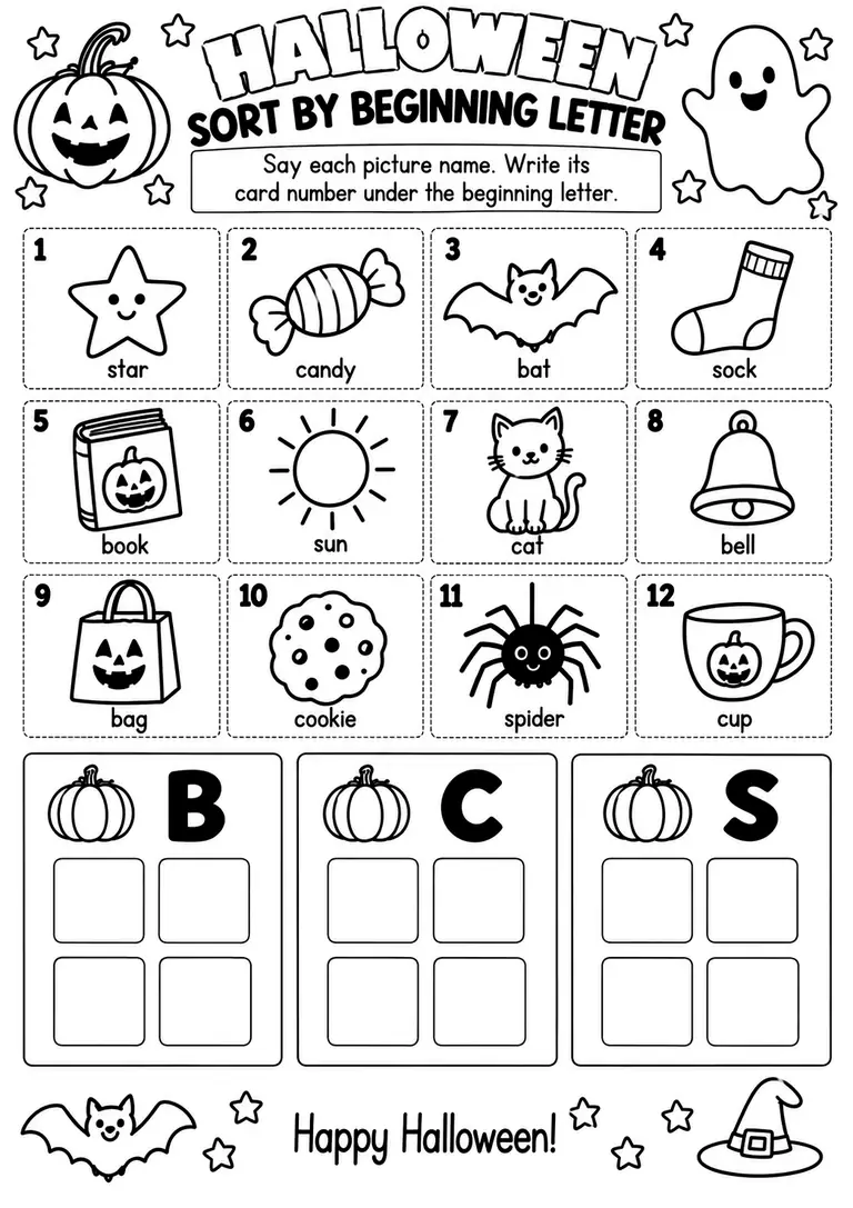 Halloween Sort by Beginning Letter WORKSHEET for Pre-K, Kindergarten, 1st Grade