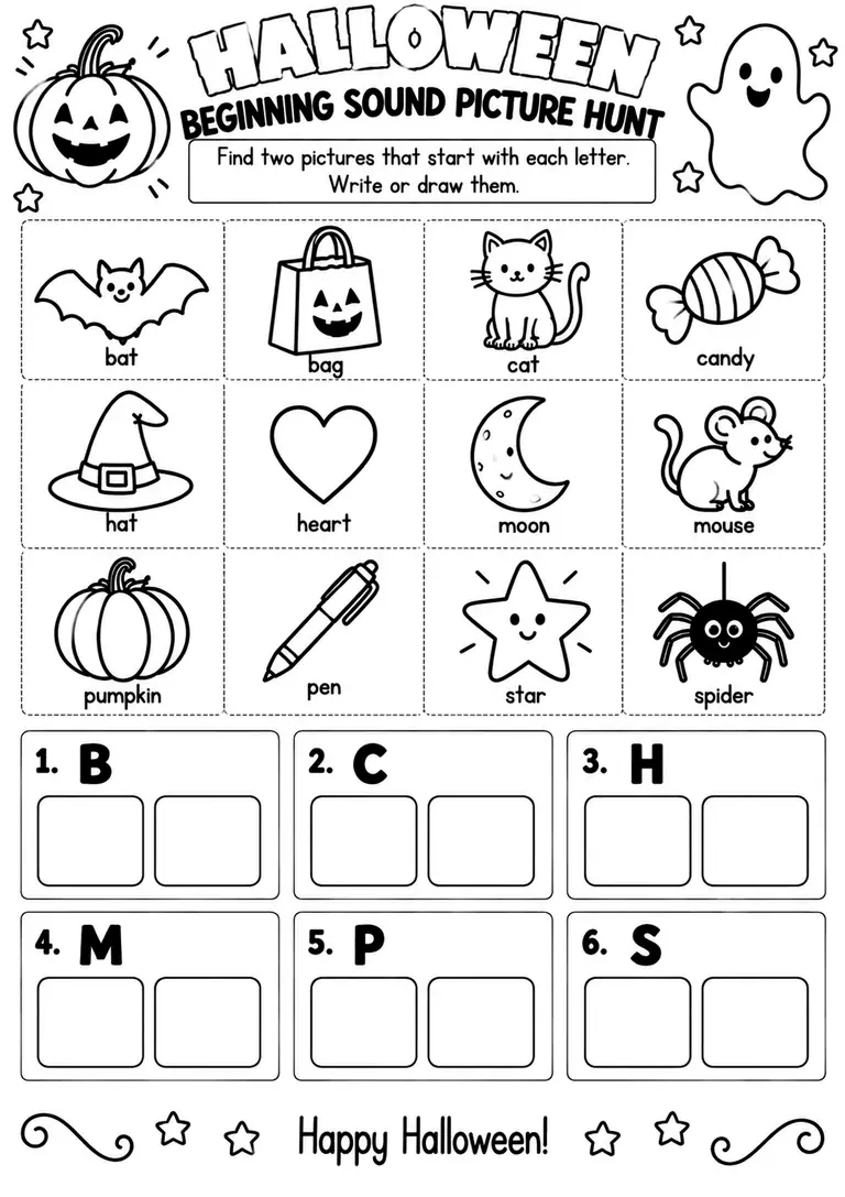 Halloween Beginning Sound Picture Hunt for Pre-K, Kindergarten, 1st Grade