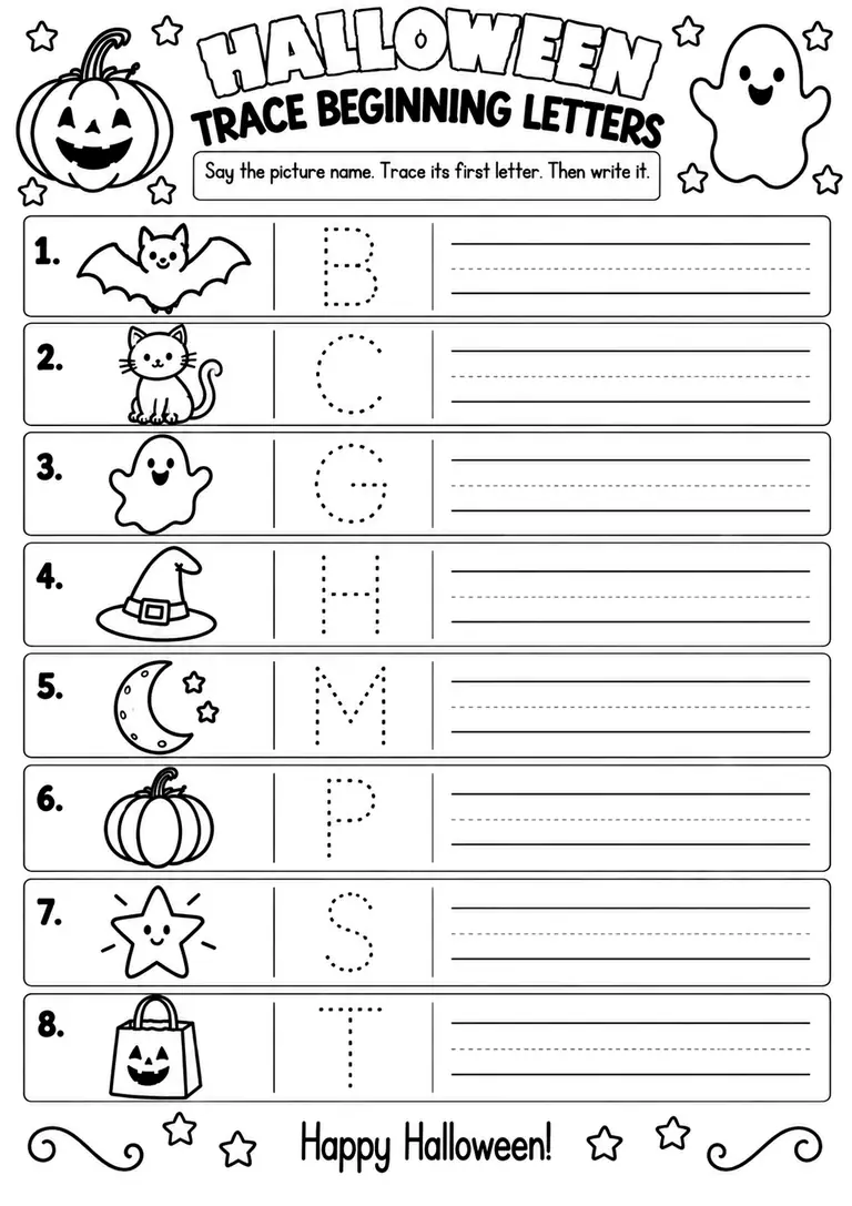 Halloween Trace Beginning Letters for Pre-K, Kindergarten, 1st Grade
