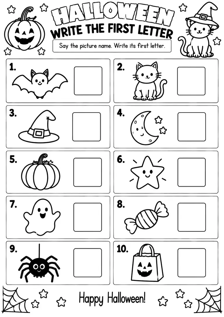 Halloween Write the First Letter WORKSHEET for Pre-K, Kindergarten, 1st Grade