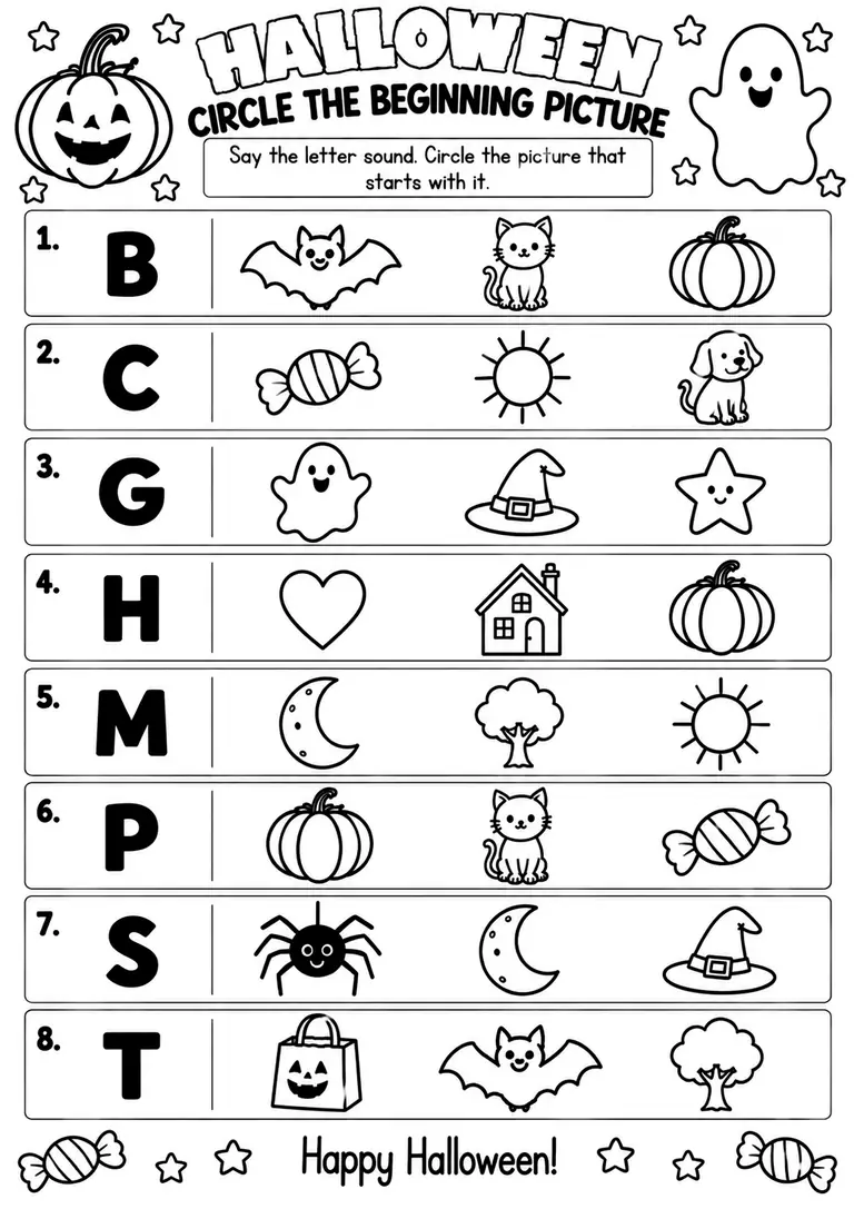 Halloween Circle the Beginning Picture for Pre-K, Kindergarten, 1st Grade