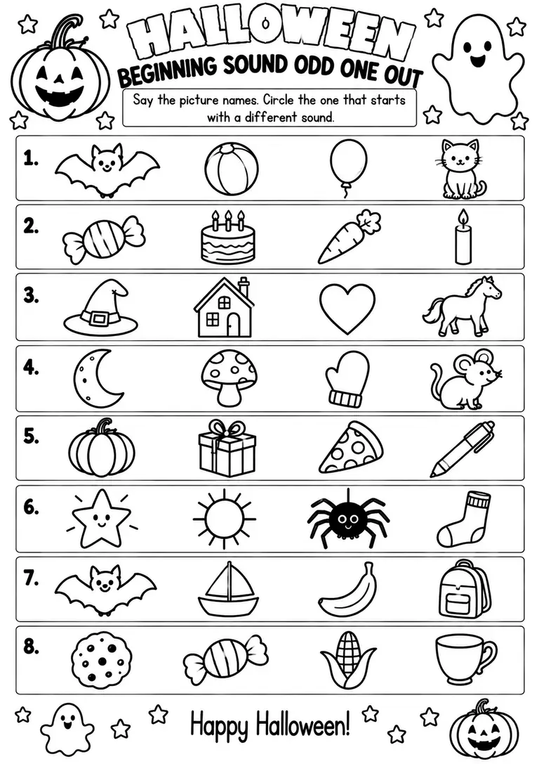 Halloween Beginning Sound Odd One Out for Pre-K, Kindergarten, 1st Grade