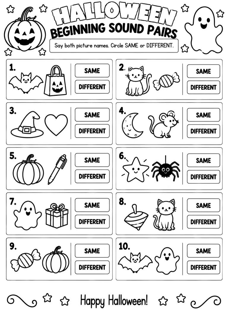 Halloween Beginning Sound Pairs for Pre-K, Kindergarten, 1st Grade
