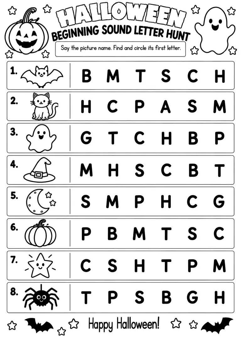 Halloween Beginning Sound Letter Hunt for Pre-K, Kindergarten, 1st Grade