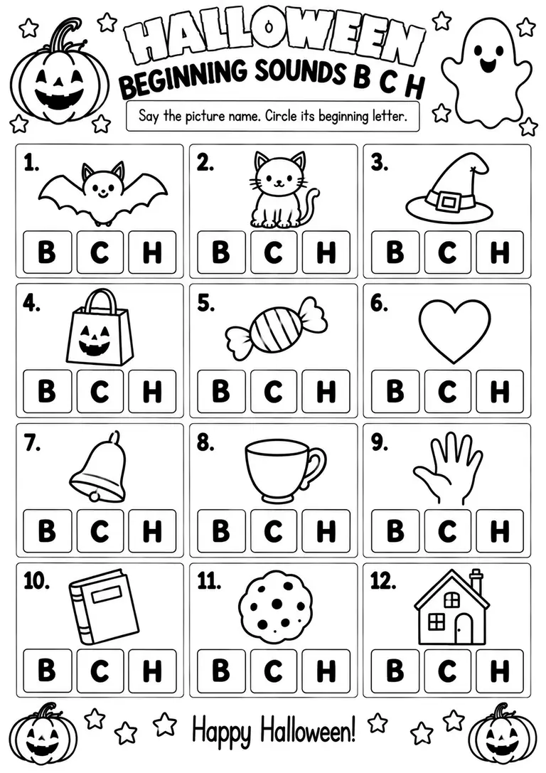 Halloween Beginning Sounds B C H for Pre-K, Kindergarten, 1st Grade