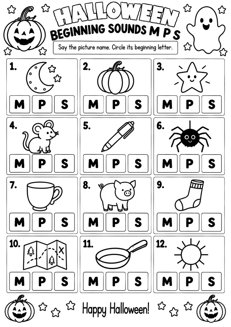 Halloween Beginning Sounds M P S for Pre-K, Kindergarten, 1st Grade