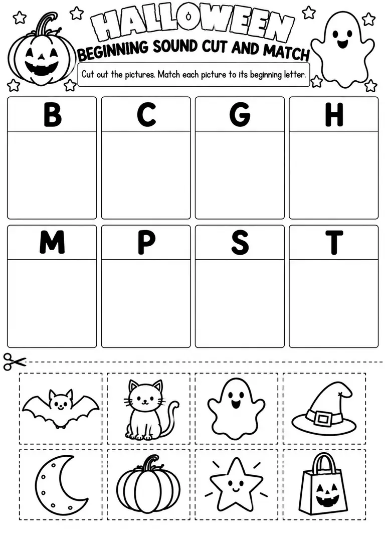 Halloween Beginning Sound Cut and Match for Pre-K, Kindergarten, 1st Grade