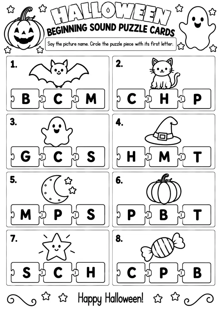 Halloween Beginning Sound Puzzle Cards for Pre-K, Kindergarten, 1st Grade