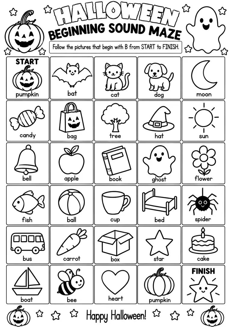 Halloween Beginning Sound Maze for Pre-K, Kindergarten, 1st Grade