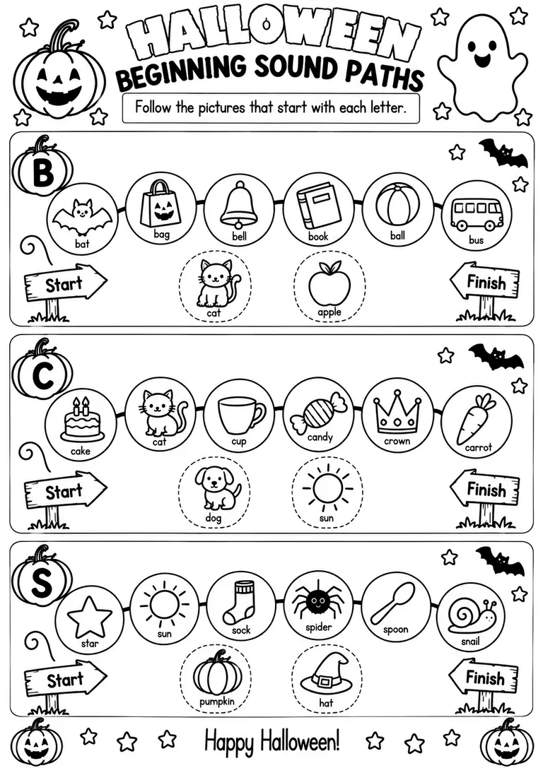 Halloween Beginning Sound Paths for Pre-K, Kindergarten, 1st Grade