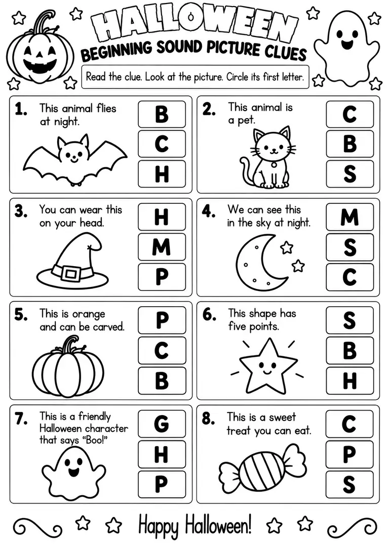 Halloween Beginning Sound Picture Clues for Pre-K, Kindergarten, 1st Grade