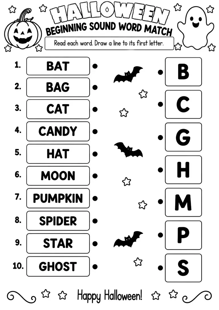Halloween Beginning Sound Word Match for Pre-K, Kindergarten, 1st Grade