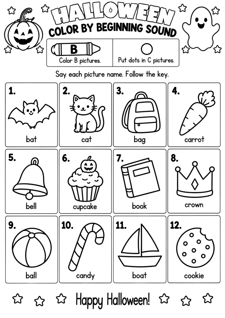 Halloween Color by Beginning Sound for Pre-K, Kindergarten, 1st Grade
