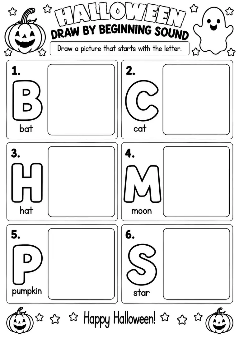 Halloween Draw by Beginning Sound for Pre-K, Kindergarten, 1st Grade