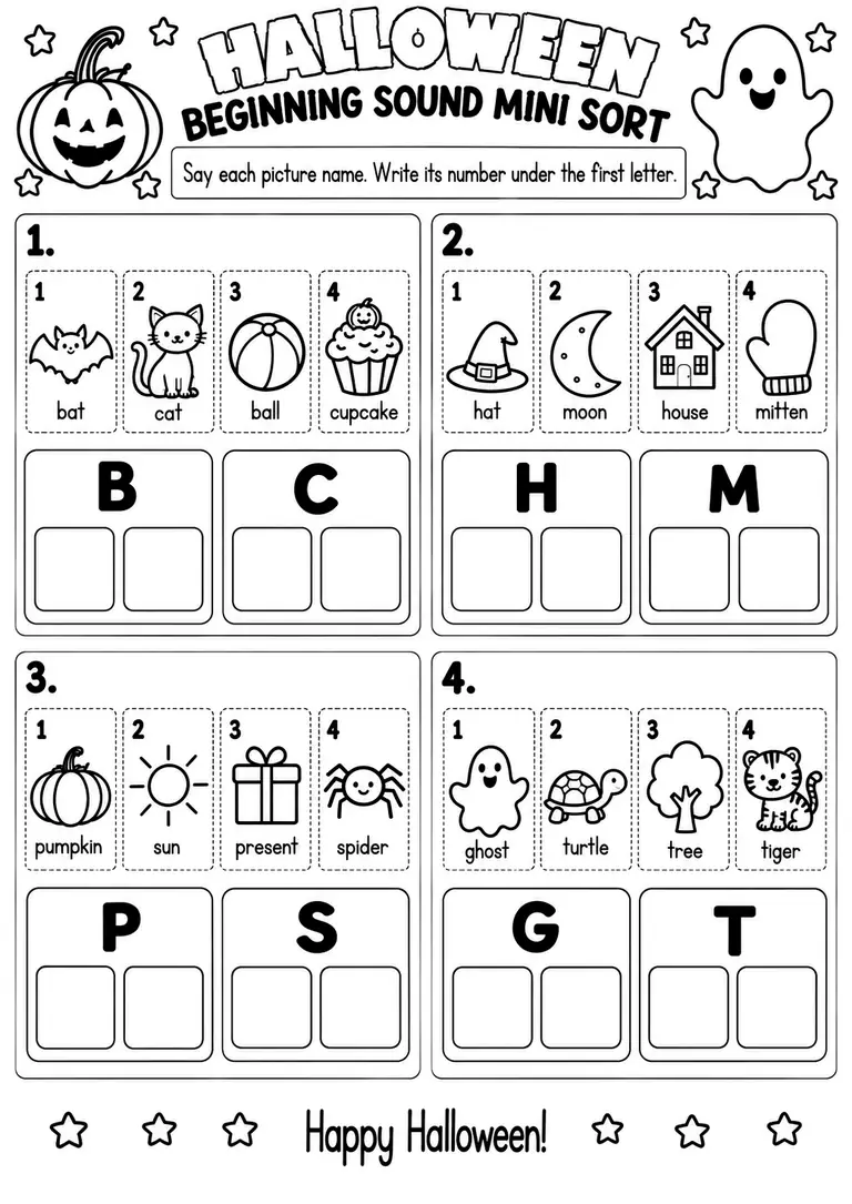 Halloween Beginning Sound Mini Sort for Pre-K, Kindergarten, 1st Grade