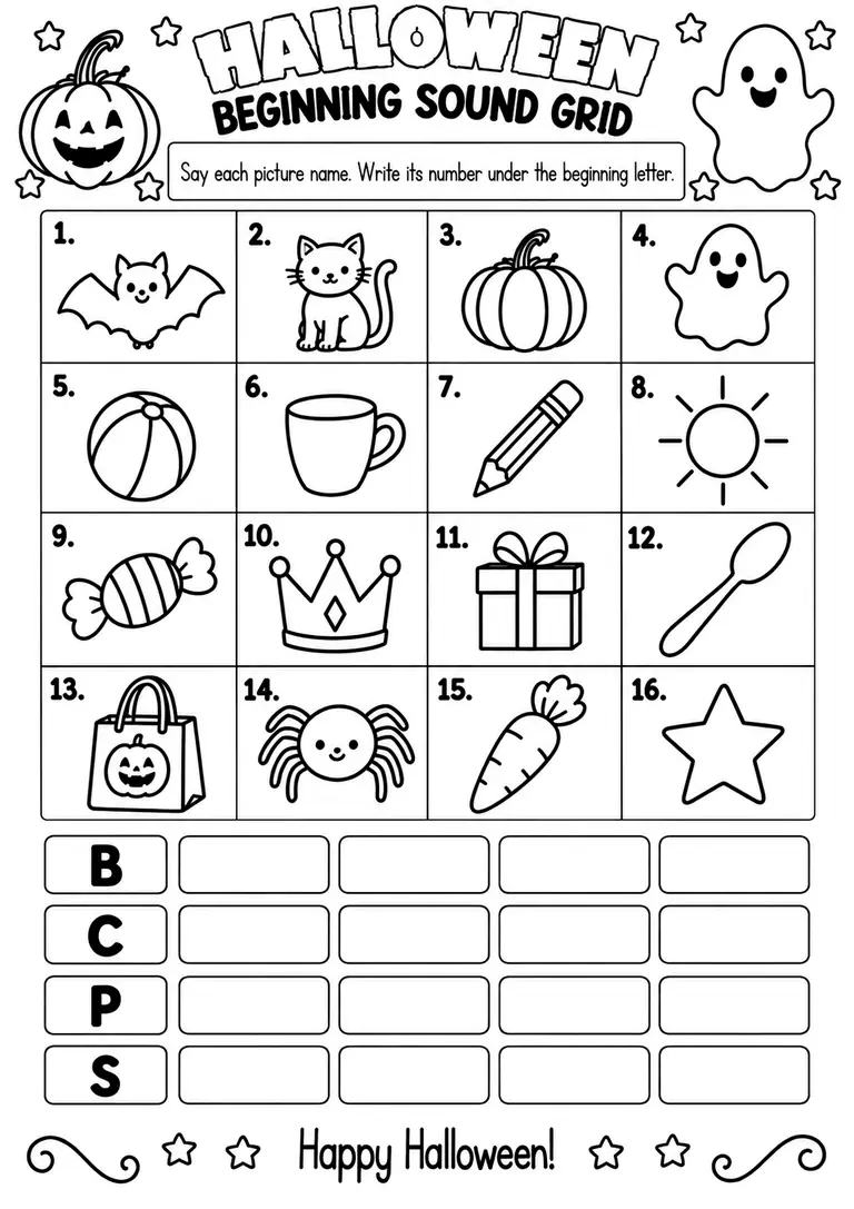 Halloween Beginning Sound Grid for Pre-K, Kindergarten, 1st Grade