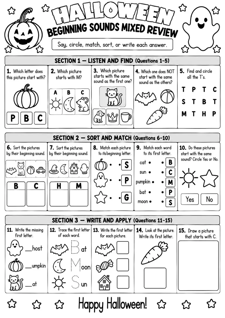 Halloween Beginning Sounds Mixed Review for Pre-K, Kindergarten, 1st Grade
